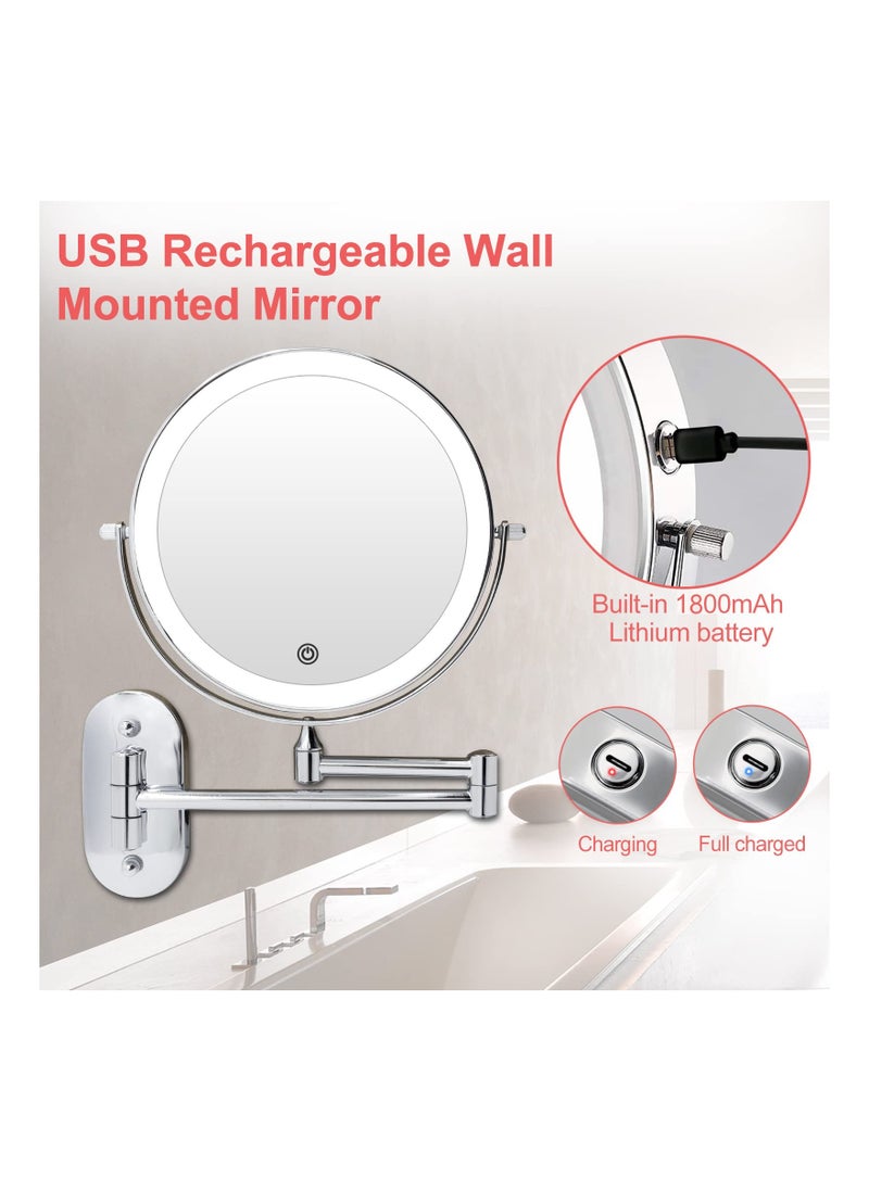 XICEN - Rechargeable Wall Mounted Lighted Makeup Vanity Mirror 8 Inch Double Sided 1X 10X Magnifying Bathroom Mirror 3 Color Lighting Touch Screen Dimming, Extended Arm 360 Rotation Shaving Light up Mirror - Image 1