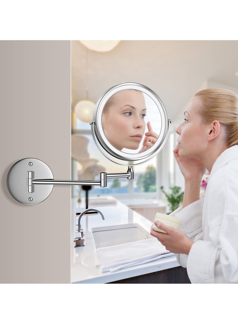 اكسيسن مرآة التجميل، مرآة مكياج مضاءة قابلة لإعادة الشحن ومثبتة على الحائط، مرآة تجميل LED مزدوجة الجوانب مقاس 8 بوصات بتكبير 1X/10X، أضواء بثلاثة ألوان وشاشة تعمل باللمس مع إمكانية تعديل السطوع، قابلة للدوران 360 درجة وقابلة للتمديد، مرآة الحمام المضاءة للحلاقة - Image 5