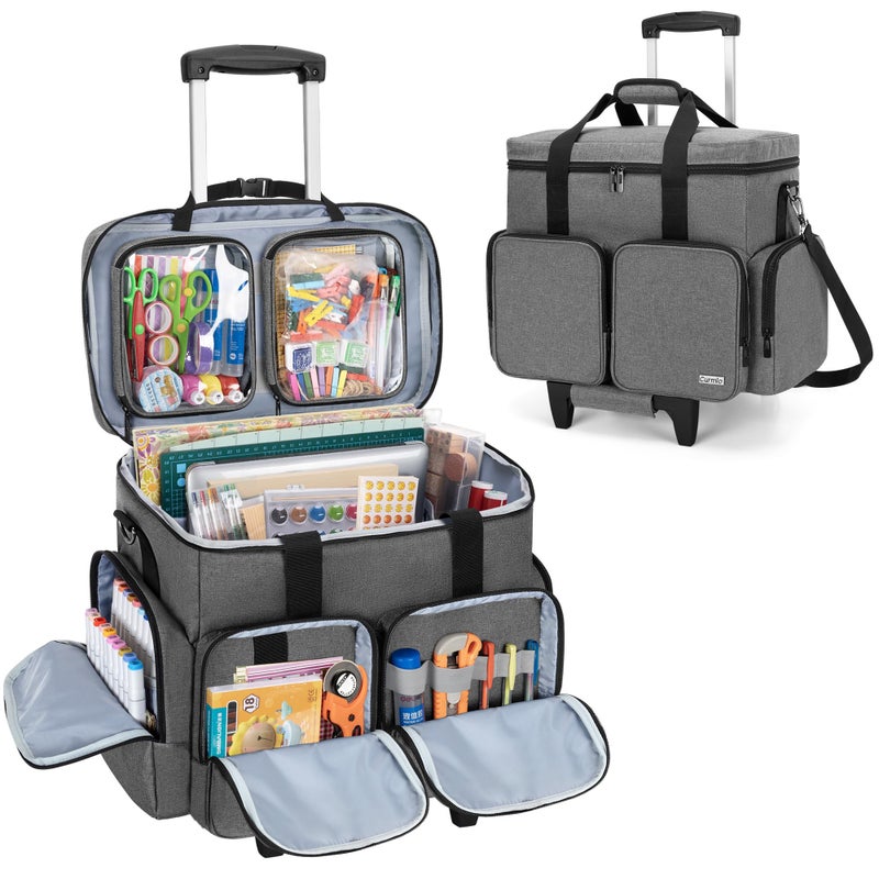 CURMIO Rolling Scrapbook Tote with Padded Laptop Sleeve Wheeled Scrapbook Supplies Storage Bag with Detachable Trolley and Bottom Wooden Board Rolling Craft Bag for Scrapbooking Supplies Grey