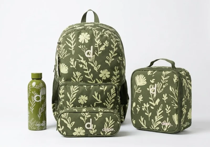 Depo DEPO 4-Piece School Backpack Set 44cm for Kids – Backpack, Insulated Lunch Bag, Pencil Case & 500ml Stainless Steel Water Bottle – Green Botanical Print