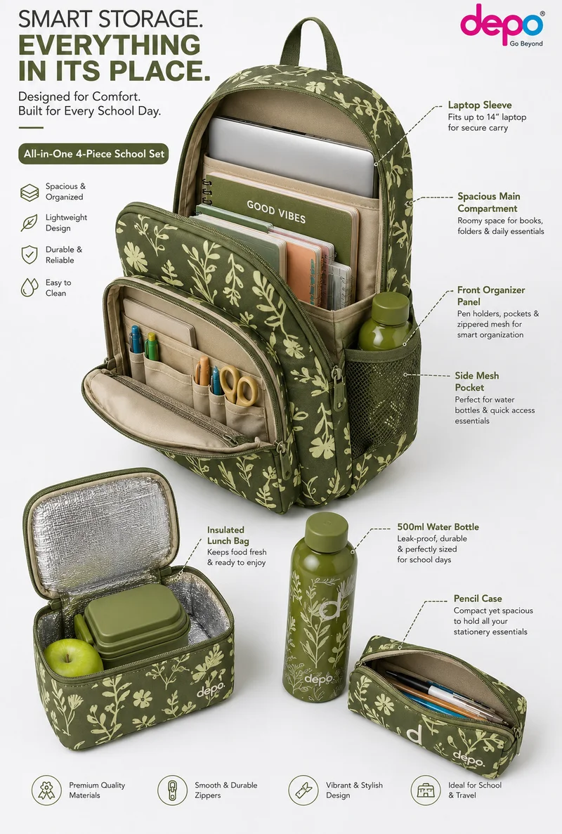 Depo DEPO 4-Piece School Backpack Set 44cm for Kids – Backpack, Insulated Lunch Bag, Pencil Case & 500ml Stainless Steel Water Bottle – Green Botanical Print