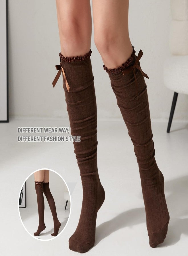 TOCONFFON جوارب طويلة تصل إلى الفخذين من TOCONFFON للنساء والفتيات، مزينة بفيونكات من الساتان (لون القهوة، مقاس واحد) - Image 4