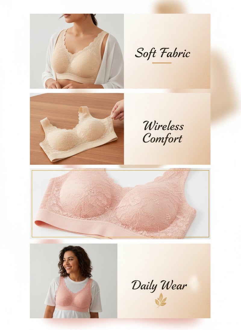 Cerotich 2 Pieces Pack (Skin Tone + Pink) Wavy Lace Seamless Wireless Bra, High Elastic Breathable Vest Style Push-up Women Underwear, Nude & Pink Dual Color Skin-friendly Thin Brassiere For Home Sleep & Daily Commute - Image 4