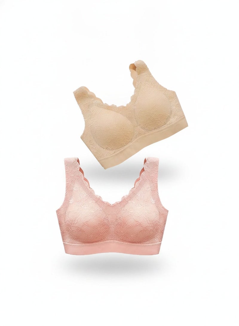 Cerotich 2 Pieces Pack (Skin Tone + Pink) Wavy Lace Seamless Wireless Bra, High Elastic Breathable Vest Style Push-up Women Underwear, Nude & Pink Dual Color Skin-friendly Thin Brassiere For Home Sleep & Daily Commute - Image 3
