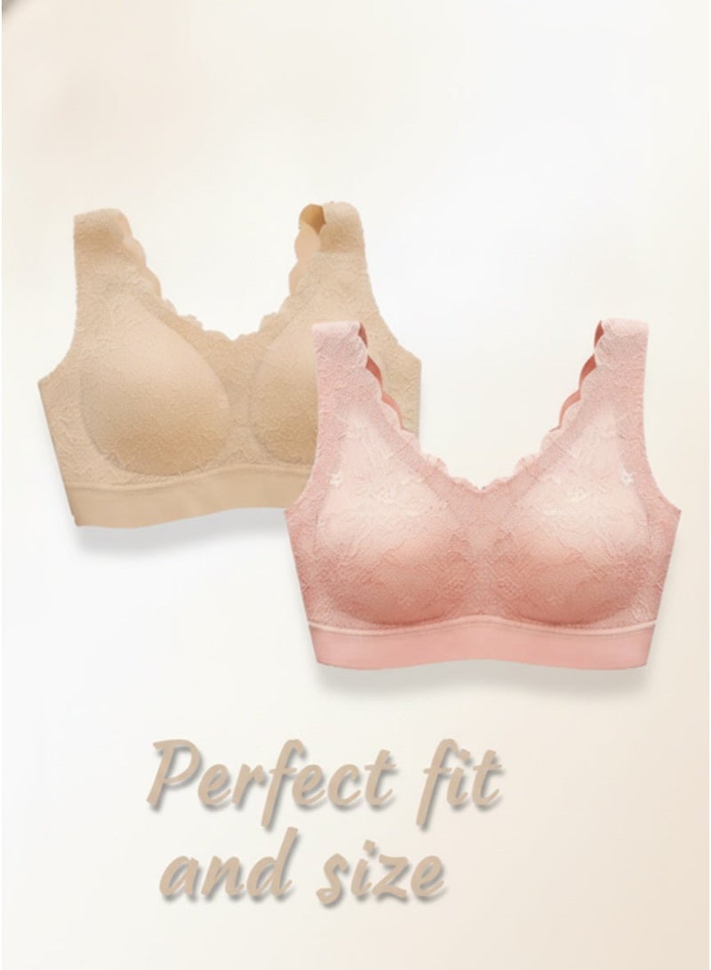 Cerotich 2 Pieces Pack (Skin Tone + Pink) Wavy Lace Seamless Wireless Bra, High Elastic Breathable Vest Style Push-up Women Underwear, Nude & Pink Dual Color Skin-friendly Thin Brassiere For Home Sleep & Daily Commute - Image 1