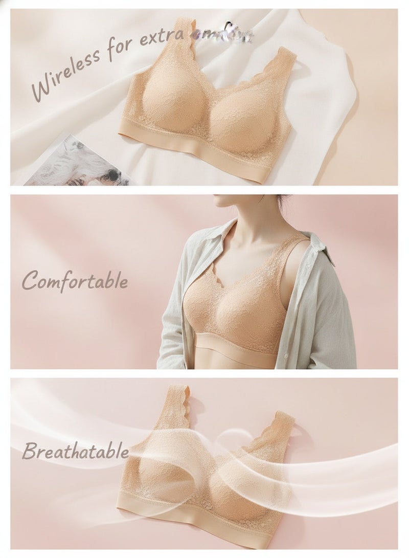 Cerotich 2 Pieces Pack (Skin Tone + Pink) Wavy Lace Seamless Wireless Bra, High Elastic Breathable Vest Style Push-up Women Underwear, Nude & Pink Dual Color Skin-friendly Thin Brassiere For Home Sleep & Daily Commute - Image 2