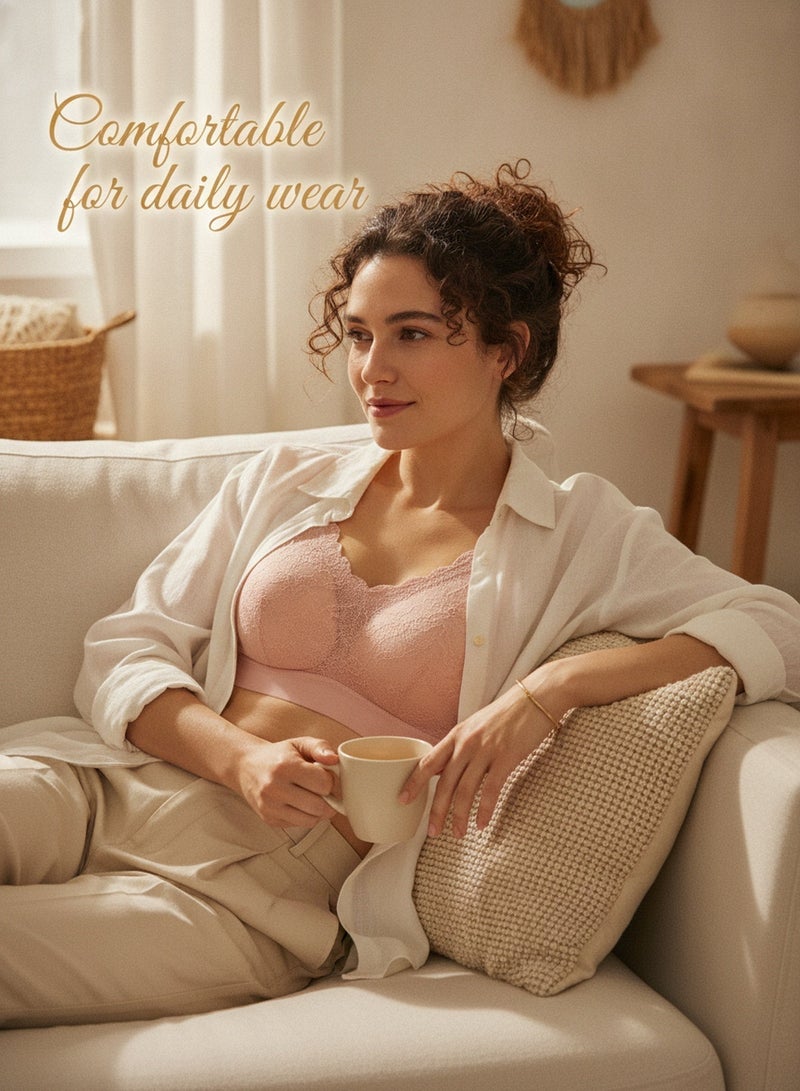 Cerotich 2 Pieces Pack (Skin Tone + Pink) Wavy Lace Seamless Wireless Bra, High Elastic Breathable Vest Style Push-up Women Underwear, Nude & Pink Dual Color Skin-friendly Thin Brassiere For Home Sleep & Daily Commute - Image 5