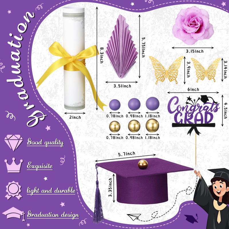 Jingmore Graduation Cake Kit Included Felt Graduation Cap Diploma Classic Black Congrats Grad Cupcake Toppers Beads Leaf Flowers Cake Decorations for Class of 2025 Graduation Party(Purple and Gold) - Image 2