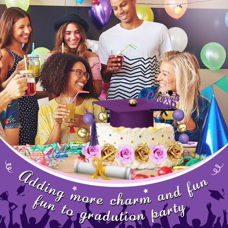 Jingmore Graduation Cake Kit Included Felt Graduation Cap Diploma Classic Black Congrats Grad Cupcake Toppers Beads Leaf Flowers Cake Decorations for Class of 2025 Graduation Party(Purple and Gold) - Image 4