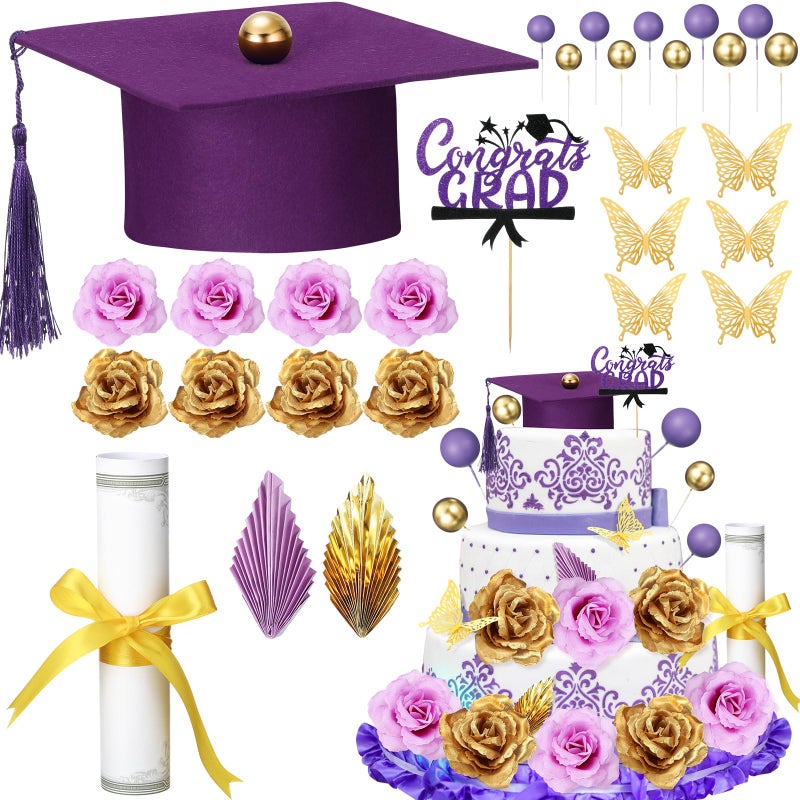 Jingmore Graduation Cake Kit Included Felt Graduation Cap Diploma Classic Black Congrats Grad Cupcake Toppers Beads Leaf Flowers Cake Decorations for Class of 2025 Graduation Party(Purple and Gold) - Image 1