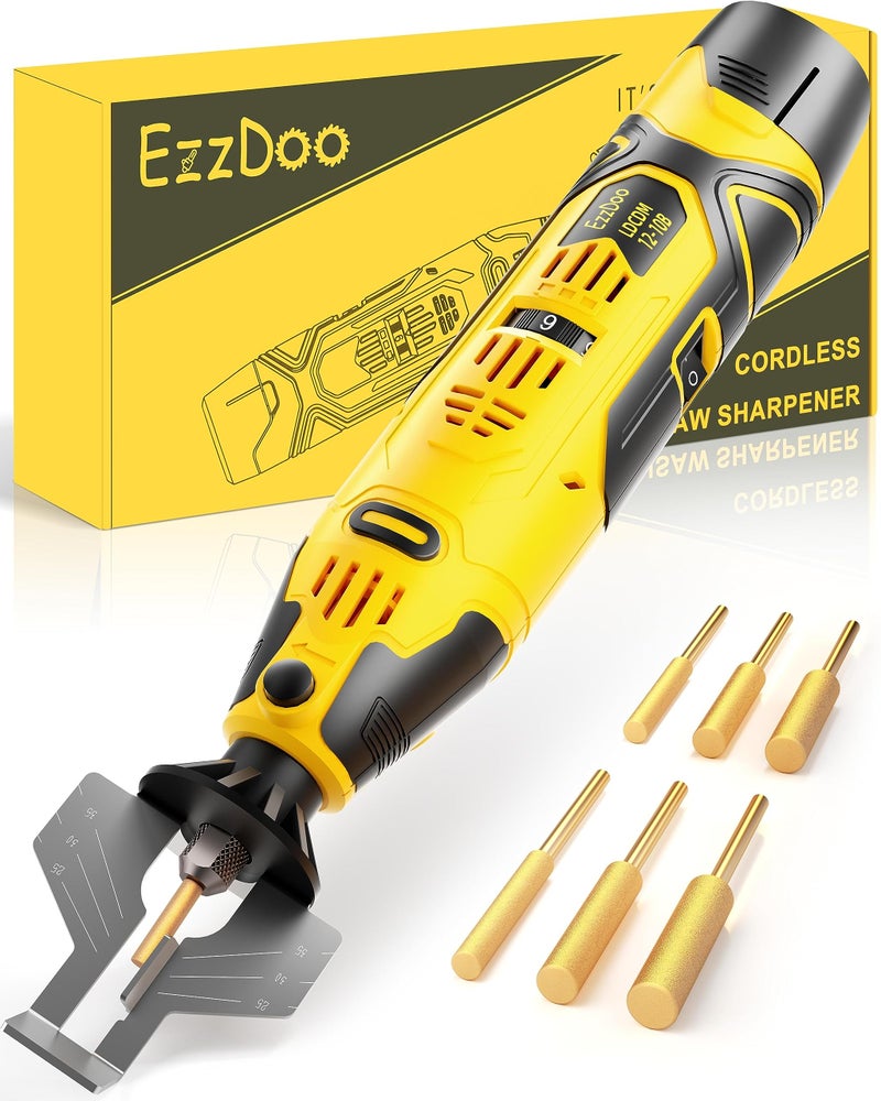 EzzDoo Electric Cordless Chainsaw Sharpener Kit - Portable 12V Chain Saw Sharpener Tool with 6 Titanium-Coated Diamond Bits(Wheels) & Angle Guide - Easy to Use for All Chainsaw Chains. - Image 1