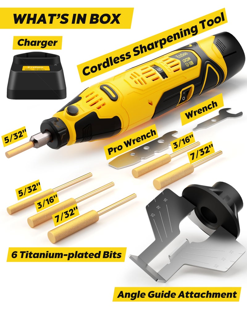 EzzDoo Electric Cordless Chainsaw Sharpener Kit - Portable 12V Chain Saw Sharpener Tool with 6 Titanium-Coated Diamond Bits(Wheels) & Angle Guide - Easy to Use for All Chainsaw Chains. - Image 3