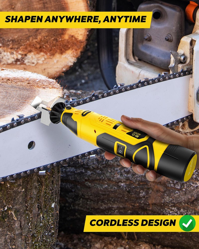 EzzDoo Electric Cordless Chainsaw Sharpener Kit - Portable 12V Chain Saw Sharpener Tool with 6 Titanium-Coated Diamond Bits(Wheels) & Angle Guide - Easy to Use for All Chainsaw Chains. - Image 2