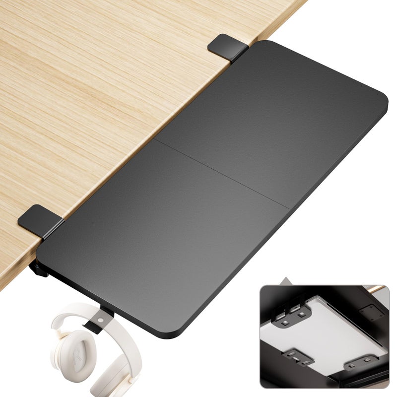PEGZONE Desk Extender Tray, 28" x 12" Clamp On Desk Shelf, Desk Extension with Laptop Holder, Table Desk Arm Rest, Clamp On Keyboard Tray for Office and Home, Workstation Organizer, Large, Black - Image 1