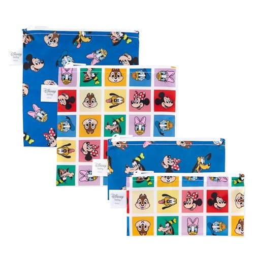 Bumkins Disney Reusable Sandwich and Snack Bags for Kids School Lunch and for Adults Portion Washable Fabric Waterproof Cloth Zip Bag Travel Pouch FoodSafe Storage 4pack Set Mickey and Friends - Image 1