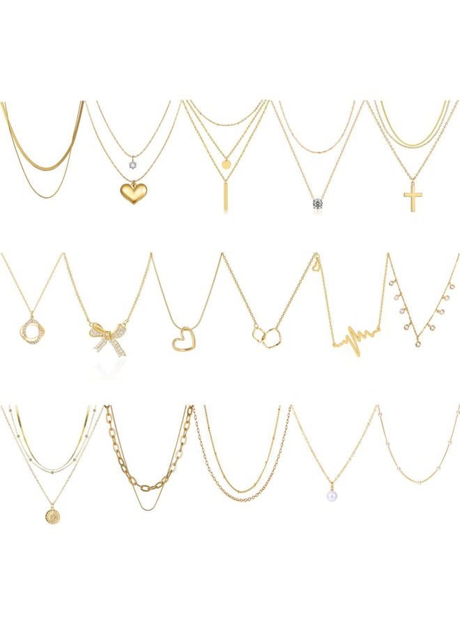 Myofeng 16Pcs Gold Necklaces Set for Women 14k Gold Plated Dainty Trendy Pendant Chain Choker Pack Multilayer Necklace Set for Women Adjustable Jewelry Gift, Zinc, No Gemstone - Image 1