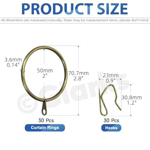 Glarks 30 Sets 50mm2inch Verdigris Metal Drapery Curtain Hanging Rings Set Includes 30pcs Curtain Rings and 30pcs Drapery Pin Hooks Drape Sliding Eyelet Rings for Sliding Window Bathroom Door - Image 3
