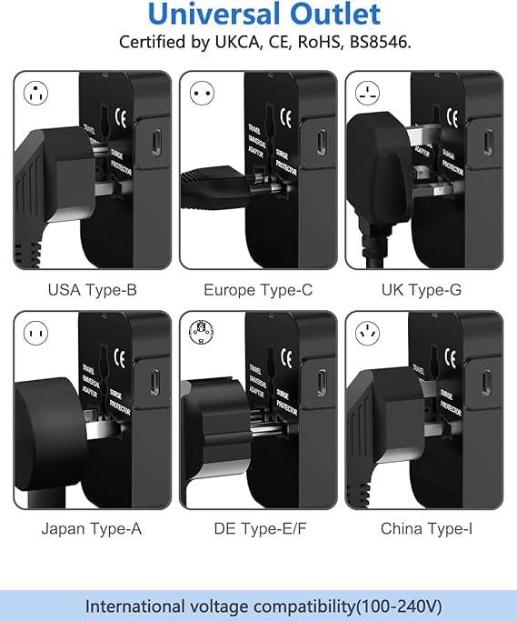 PriEnt Type C USB C Universal Travel Adapter with Type C 3 in 1 Universal Adapter Plug Travel Essentials Accessories with 1 USB 1 USBC with 24A for Phone Laptop Mobile Black - Image 3