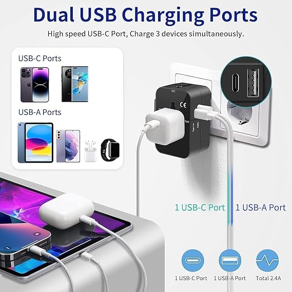 PriEnt Type C USB C Universal Travel Adapter with Type C 3 in 1 Universal Adapter Plug Travel Essentials Accessories with 1 USB 1 USBC with 24A for Phone Laptop Mobile Black - Image 5