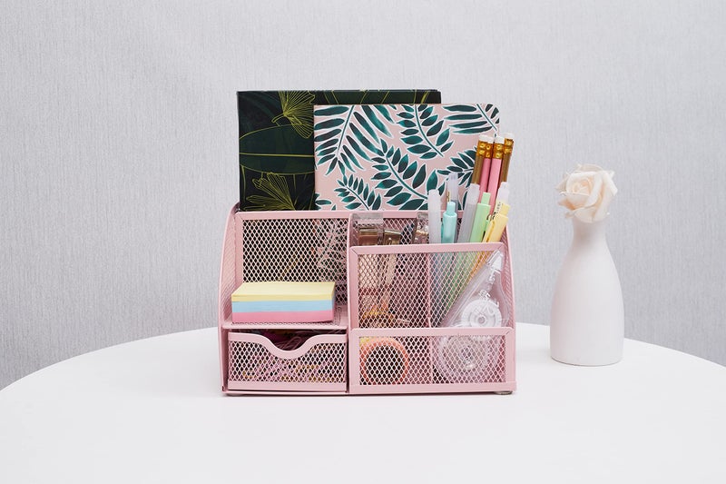 Annova Mesh Desk Organizer Office with 7 Compartments + Drawer/Desk Tidy Candy/Pen Holder/Multifunctional Organizer (Light Pink) - Image 5