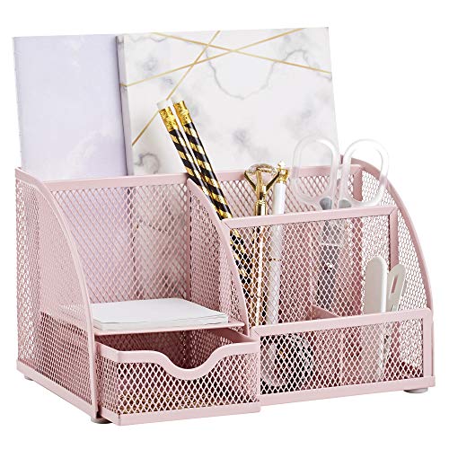 Annova Mesh Desk Organizer Office with 7 Compartments + Drawer/Desk Tidy Candy/Pen Holder/Multifunctional Organizer (Light Pink) - Image 1