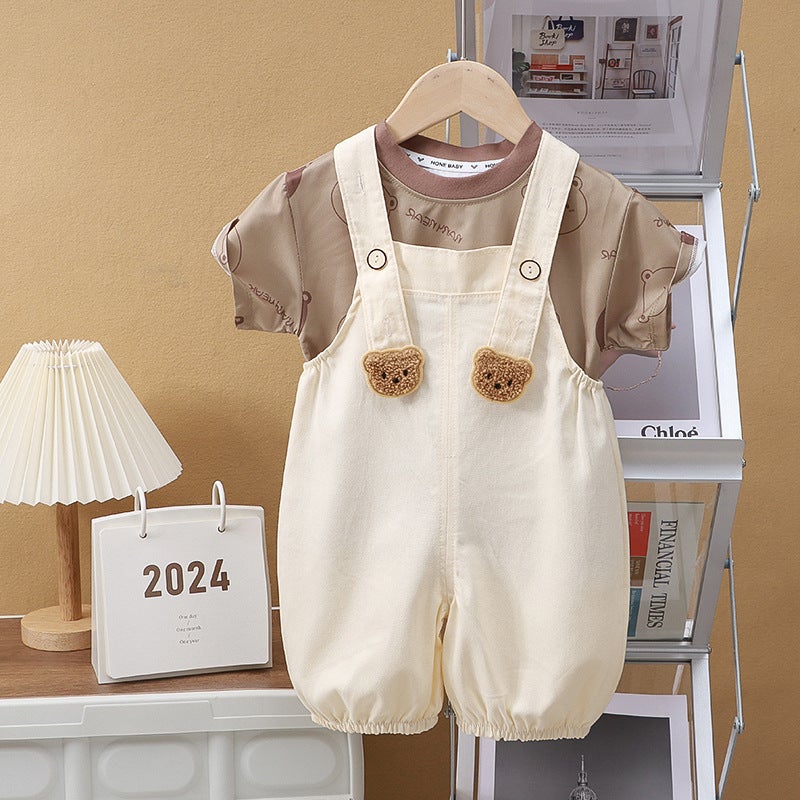 Kids Summer Fashion Suspender Pants Set 2024 BDK rice white bear-suit 