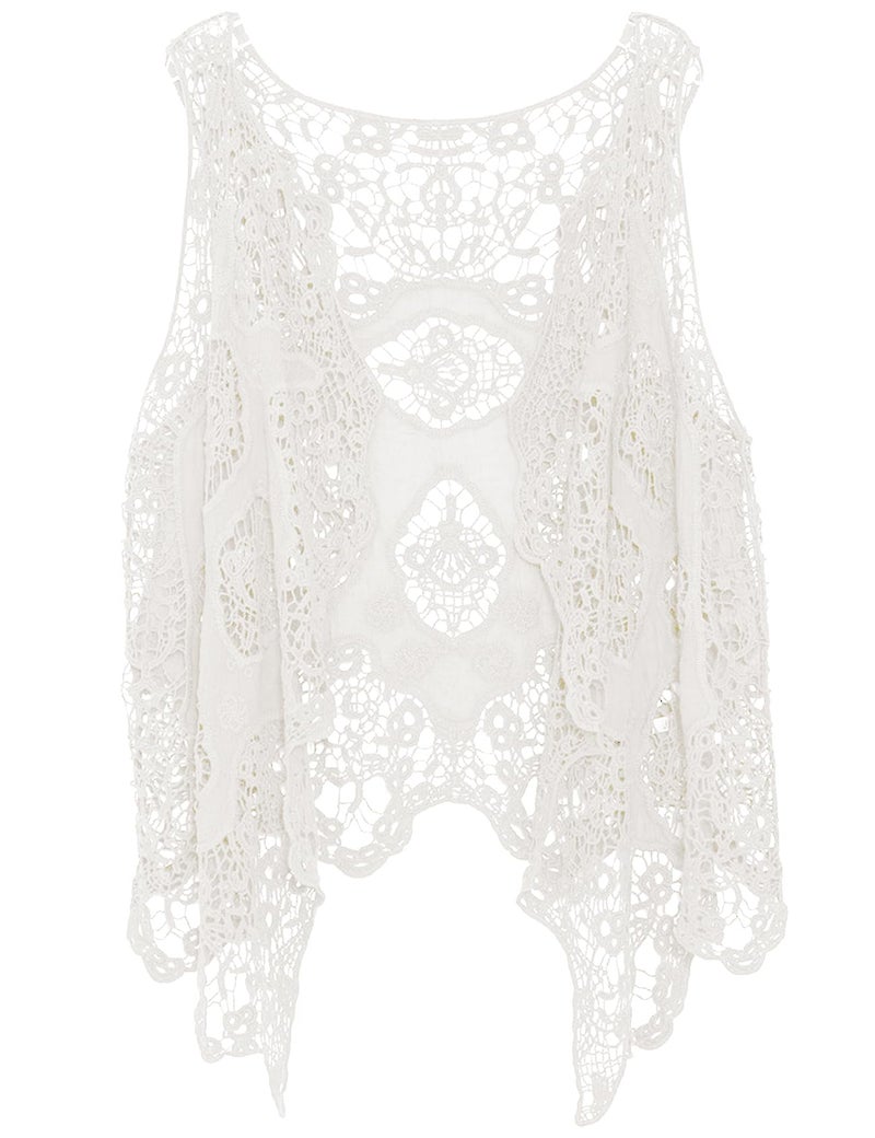 Flygo Women's Cotton Cardigan Boho Hippie Open Hollow Knitting Stitch Sleeveless Crochet Vest(One Size, White) - Image 1