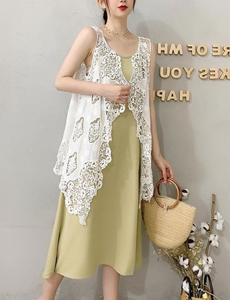 Flygo Women's Cotton Cardigan Boho Hippie Open Hollow Knitting Stitch Sleeveless Crochet Vest(One Size, White) - Image 3