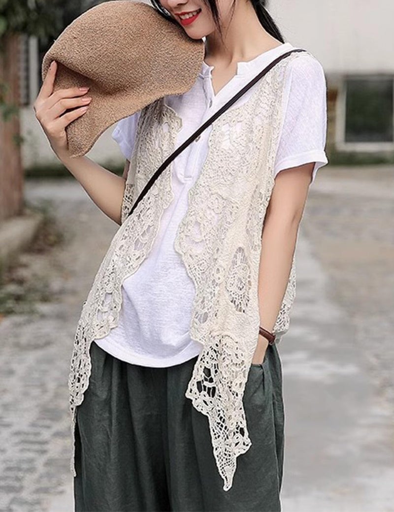 Flygo Women's Cotton Cardigan Boho Hippie Open Hollow Knitting Stitch Sleeveless Crochet Vest(One Size, White) - Image 2