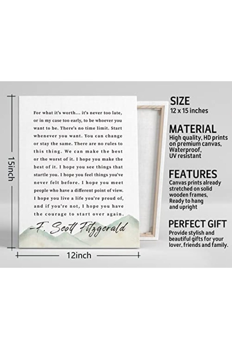 WKYAER Canvas Wall Art Inspirational Motivational Quote Decor, F. Scott Fitzgerald - For What It's Worth- Canvas Prints Poster Wall Art for Men and Women Home, School & Office Under, Size 12x15 - Image 3