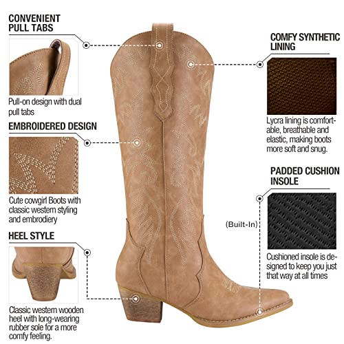 Rollda Cowboy Boots for Women Cowgirl Boots Embroidered Knee-High Western Boots Pointy Toe with Chunky Heel Tan Size 9 - Image 3