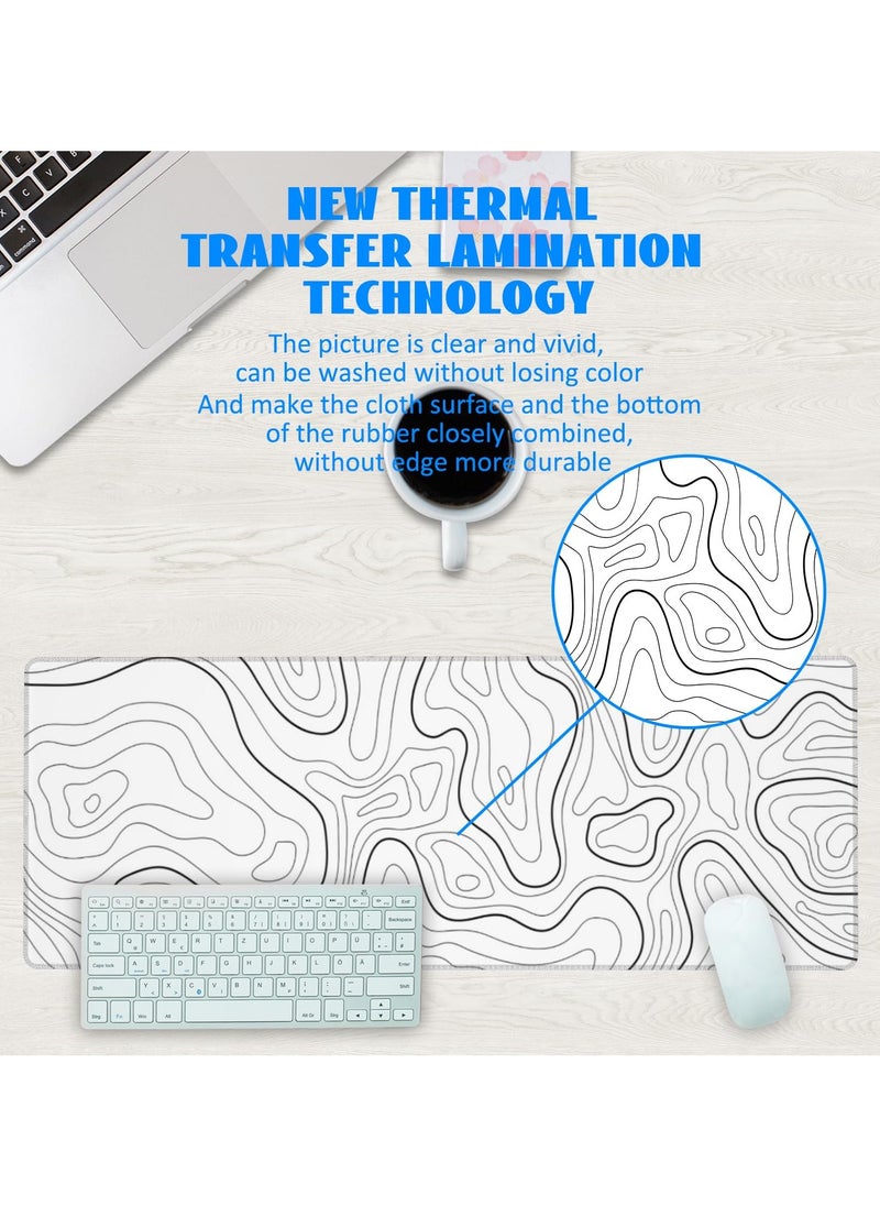 HaHaHai - 80CM x 30CM White Mouse Pad, Topographic Gaming Mouse Pad, Big Desk Pads PC Keyboard Non-Slip Thick Rubber Table Mat, Mouse Pads- Black Solid Wire Head - Image 1