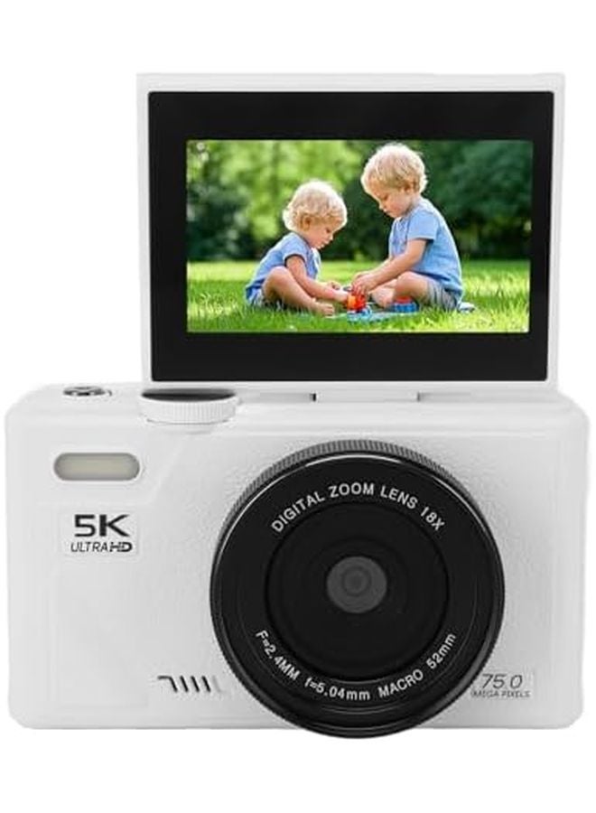White 75MP 5K Mirrorless Camera 18X Zoom Autofocus 3 Inch Screen Smile Detection Multi Axis Stabilization Travel Photography - Image 1