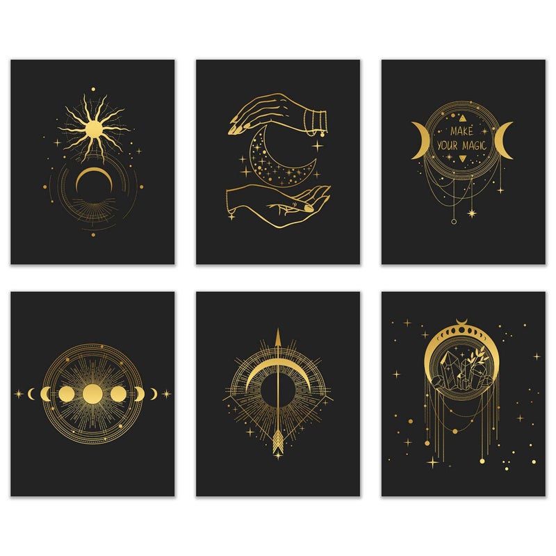 DEFLECTAIR Occult Gold and Black Prints - Set of 6 (8x10) Glossy Wall Art Decor Alchemy - Witch -Third Eye - Planets - Image 1