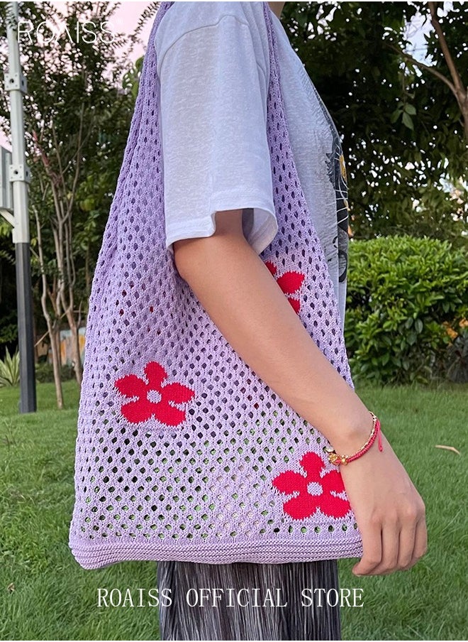 roaiss - Women's Shoulder Bag Tote Bag Flower Pattern Knitted Bag Hollow - Image 1