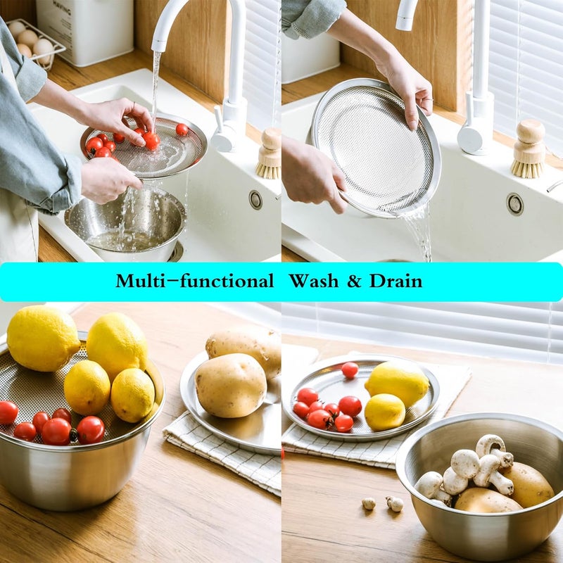 SHPii Stainless Steel Drainage 3 Piece Pasta Salad Fruit & Vegetable-Kitchen Multifunctional Drainage Oil Drainage Food Storage Set (9.45in) - Image 4