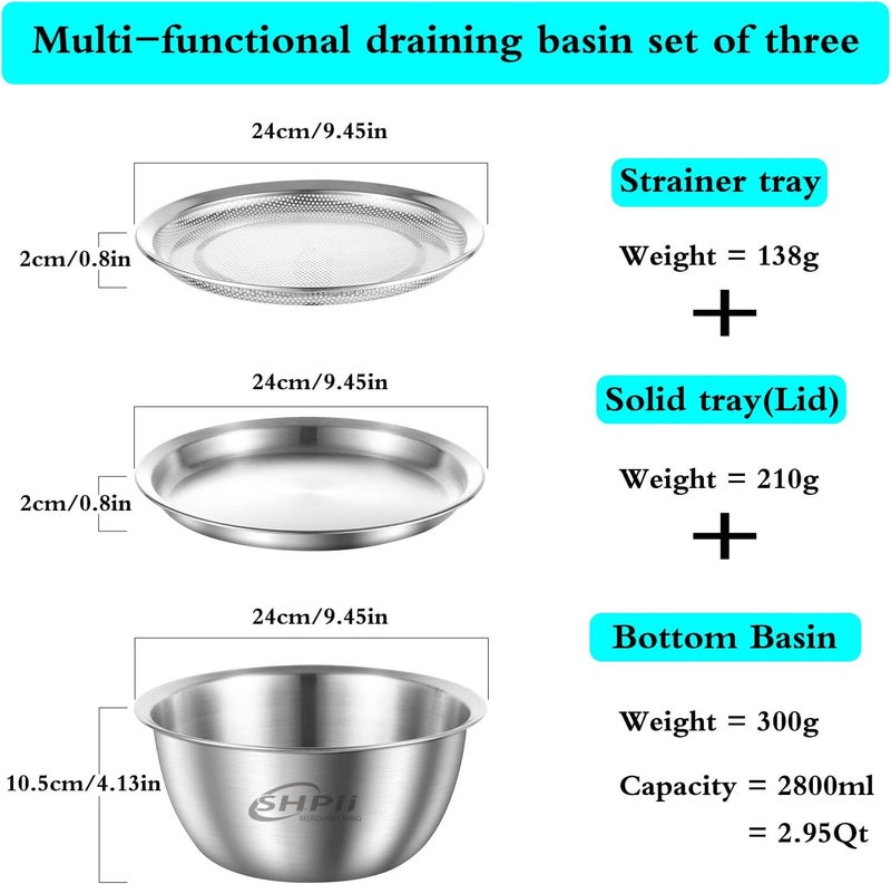 SHPii Stainless Steel Drainage 3 Piece Pasta Salad Fruit & Vegetable-Kitchen Multifunctional Drainage Oil Drainage Food Storage Set (9.45in) - Image 5