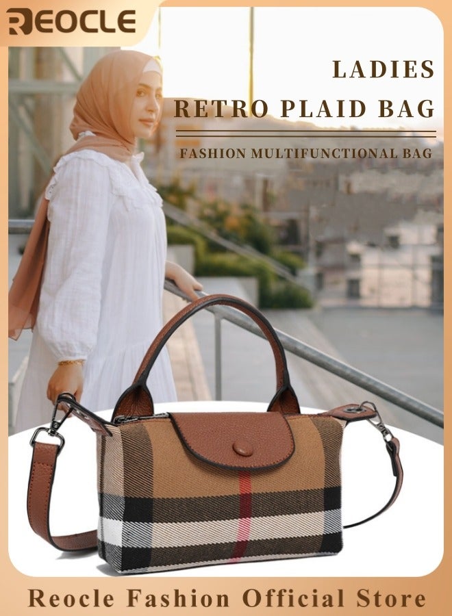 REOCLE Women's Handbag Canvas Plaid Bag with Leather Handles Adjustable Shoulder Strap Small Size Stylish High-End Tote Bag Shoulder and Crossbody Bag - Image 1
