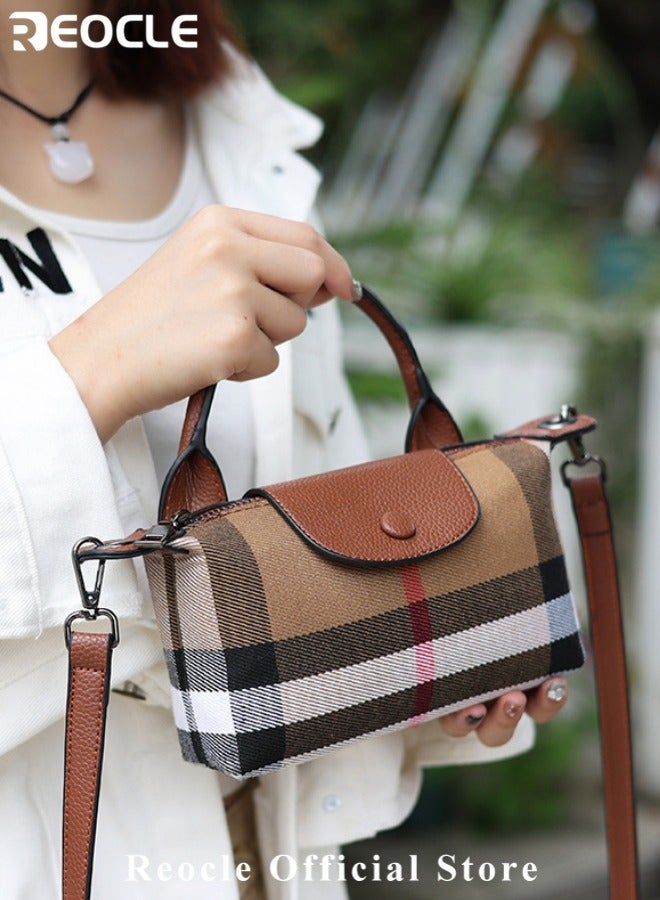 REOCLE Women's Handbag Canvas Plaid Bag with Leather Handles Adjustable Shoulder Strap Small Size Stylish High-End Tote Bag Shoulder and Crossbody Bag - Image 3