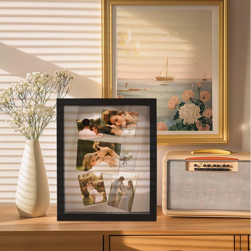 YEPOTUE Shadow Box Display Case 11x14, Deep Shadow Box Picture Frame with Linen Back and Removable Shelves, Wooden Memory Box for Wedding Bouquet, Photos, Medals, Keepsakes (Black, 11x14) - Image 2