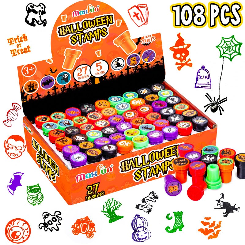Max Fun 108Pcs Halloween Assorted Stamps 27 Designs 5 Colors Trick or Treat Stamps for Kids Halloween Party Favors Supplies Goodies Bags Classroom Game Reward Prizes Halloween Stamper - Image 2