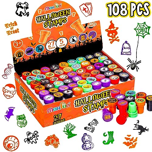 Max Fun 108Pcs Halloween Assorted Stamps 27 Designs 5 Colors Trick or Treat Stamps for Kids Halloween Party Favors Supplies Goodies Bags Classroom Game Reward Prizes Halloween Stamper - Image 1