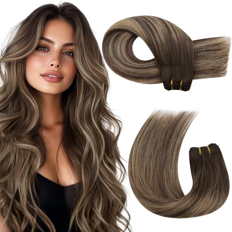 Moresoo Hair Wefts Human Hair Sew in Dark Brown with Caramel Blonde Highlights Sew in Weft Hair Extensions Human Hair Silky Straight 100 Gram 14 Inch