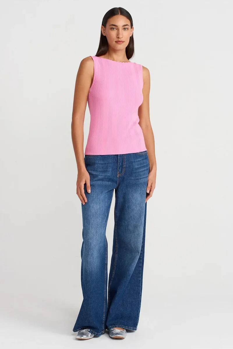 Dilvin Bright Pink DILVIN Ribbed Sleeveless Boat Neck Blouse for Women | Best Price UAE