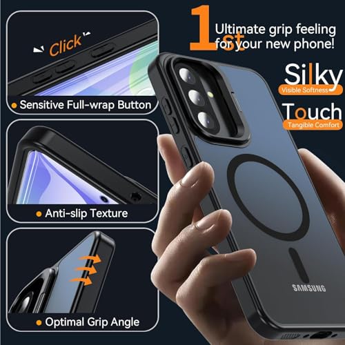 DIZORO Samsung Galaxy A17 Case Compatible with Wireless Charging, with Camera Stand, Military Grade Drop Tested,Translucent Hard Back Soft Edge Back Cover (Black) - Image 5
