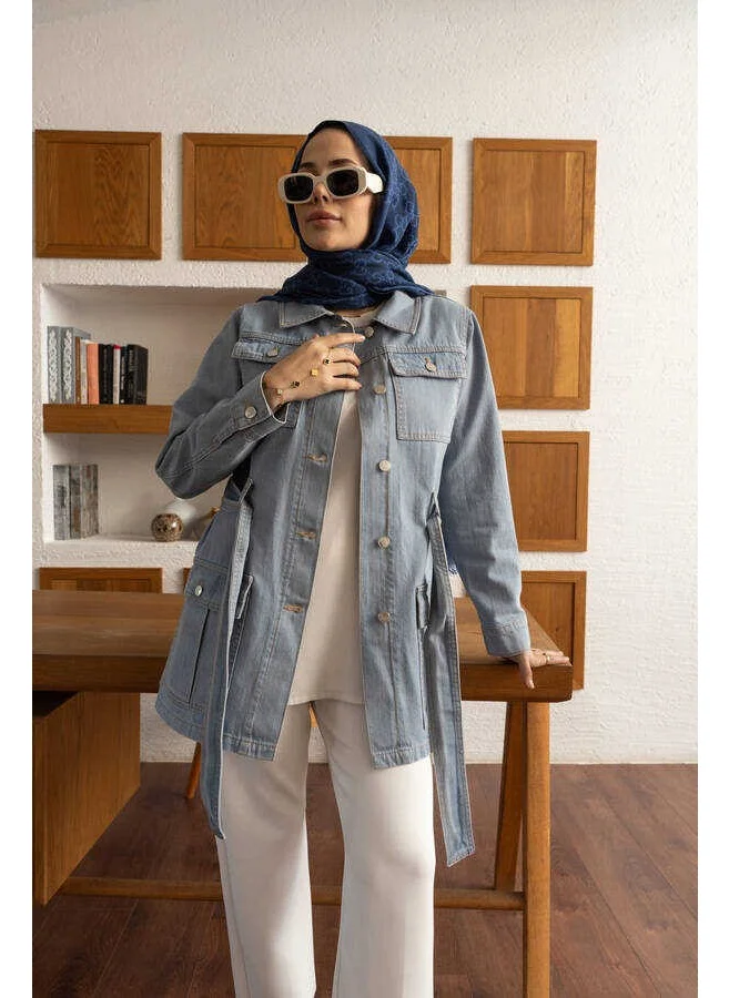 Neways 6653-POCKET Belted Short Jacket Blue