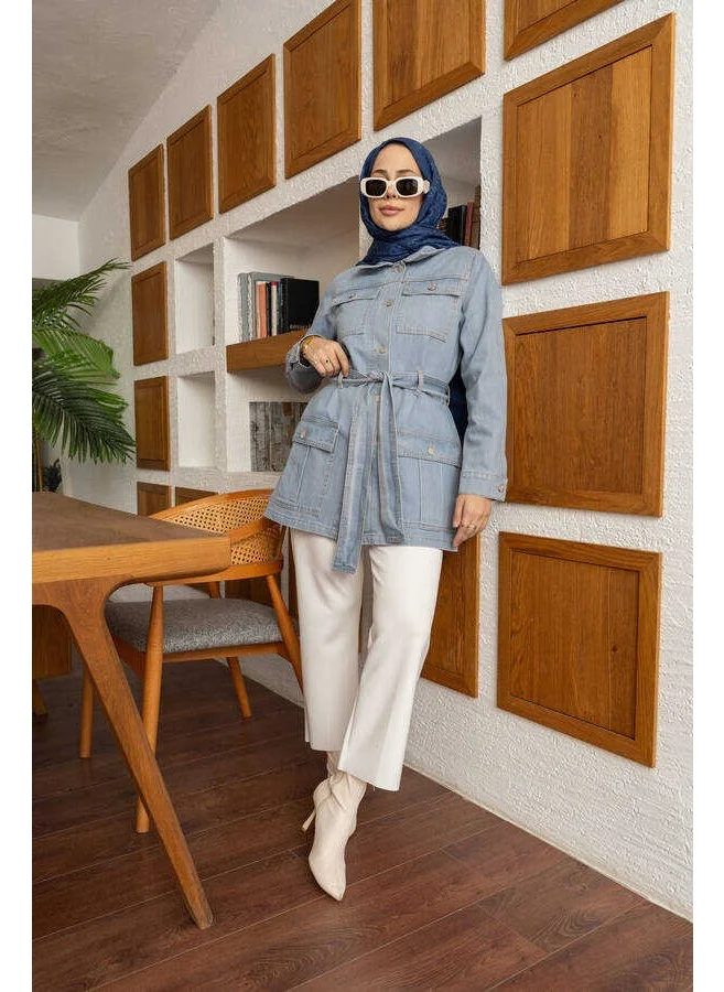 Neways 6653-POCKET Belted Short Jacket Blue