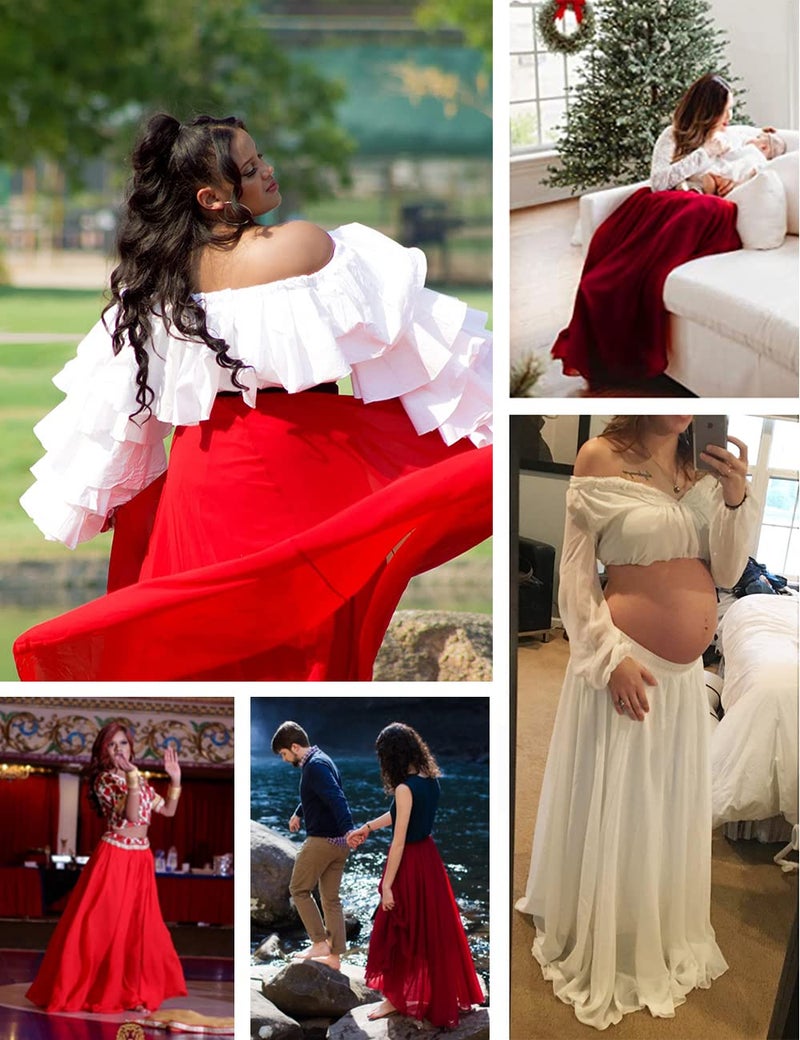 v28 Womens Maxi Midi White Flowy Long Black Summer Plus Size Sheer Chiffon Skirt (S,Red) - Image 5