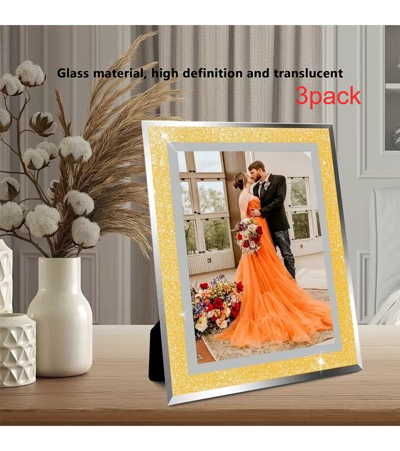 Golden Diamond Mirror Photo Frame 4x6 for Weddings Gifts Home Decor 3 Pack - Image 1