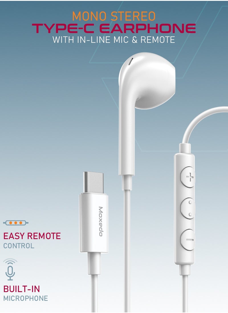 Moxedo Mono Stereo Earphone USB Type-C Connector Earphone with In-Line Remote, Built-in Microphone for iPhone 15, Samsung Galaxy S24 Ultra/S21 Ultra/S20 FE Note 20/10, iPad Pro 2018/Mac Book (White)